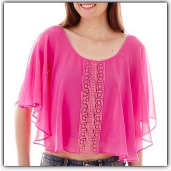 Crochet lace trim sheer flutter sleeve crop top Jr size XS - Picture 1 of 7